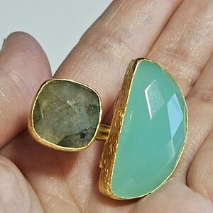 Ottoman Hands 21ct Gold Plated Aqua Chacedony And Labradorite Half Moon Ring